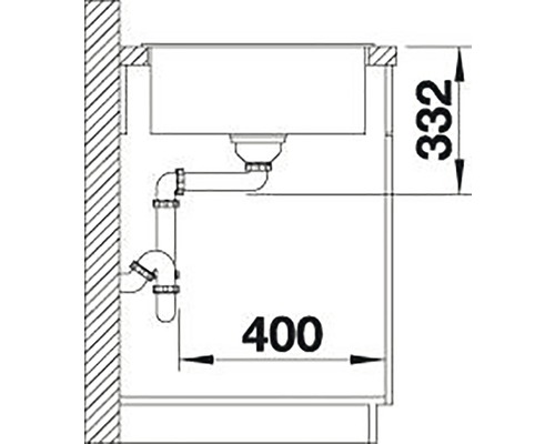 Desen tehnic cu o chiuvetă cu dimensiunile 400 și 332.