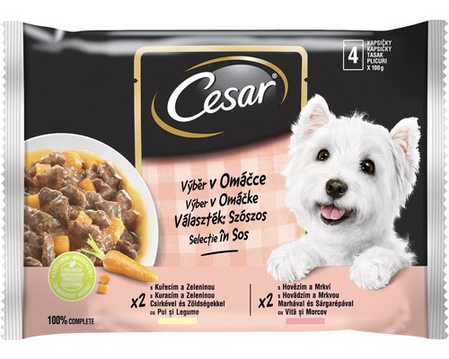 Cesar hrană umedă pentru câini, pachet asortat cu pui, legume, vită și morcovi, 4 bucăți x 100 grame