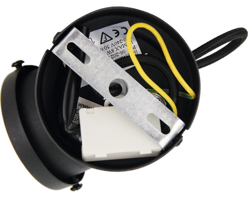 Vedere interioară a unei lămpi de tavan negre cu placă de montaj și cabluri