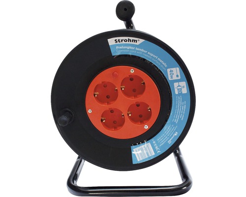 Prelungitor electric pe tambur de plastic Strohm 4 prize 40m cablu PVC 3x1 mm² Prelungitor cu tambur, cu patru prize și lungime de 40 metri