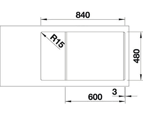Desen tehnic al unei chiuvete cu dimensiunile de 840 x 480 milimetri