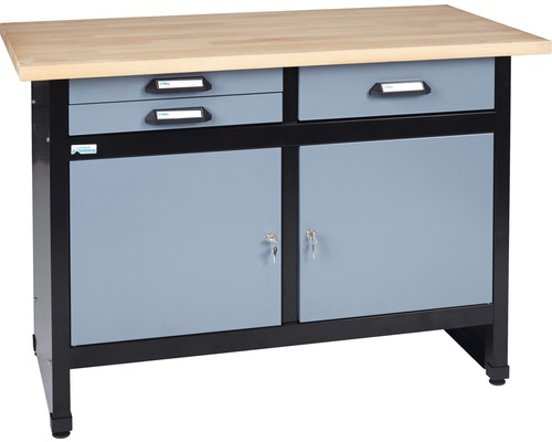 Banc de lucru Küpper 1200mm, cu 2 uși și 3 sertare, grosime blat de lemn 3cm Banc de lucru cu sertare și compartimente de dulap