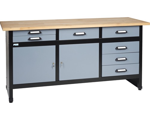 Banc de lucru Küpper 1700mm, cu 2 uși și 7 sertare, grosime blat de lemn 3cm Banc de lucru cu sertare și compartimente de dulap.