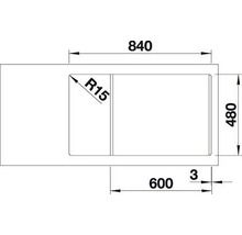 Desen tehnic al unei chiuvete cu dimensiuni: lățime totală de 840 mm, adâncime de 480 mm, rază unghiulară R15 și poziția bazinului.