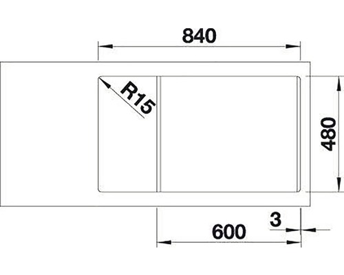 Desen tehnic al unei chiuvete cu dimensiuni: lățime totală de 840 mm, adâncime de 480 mm, rază unghiulară R15 și poziția bazinului.