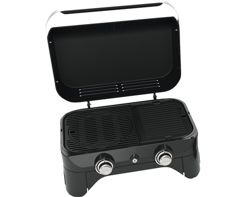 Grătar portabil pe gaz cu capac deschis.
