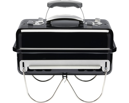 Grătar portabil cu cărbuni Weber Go-Anywhere 53x31 cm negru bază și capac cu email de porțelan incl. cupă măsurare brichete, picioare din oțel placat pivotante, mâner capac cu scut termic