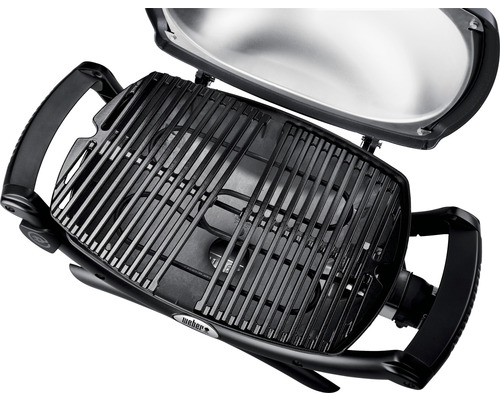 Grătar electric Weber cu capac deschis și grătar