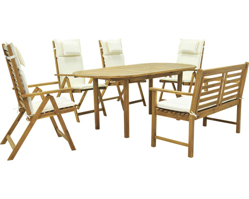Set mobilier grădină/terasă Garden Place Alina 6 piese 6 locuri lemn/alb Set de mobilier de grădină din lemn cu masă, bancă și scaune cu perne