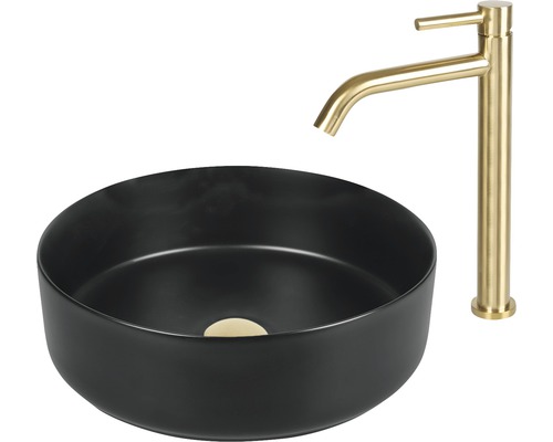 Chiuvetă neagră de blat cu baterie aurie