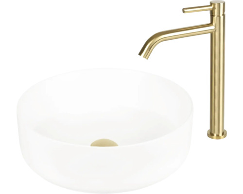 Chiuvetă ceramică cu robinet auriu