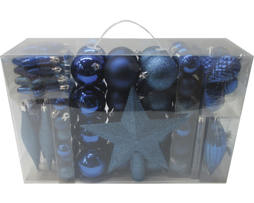 Set de decorațiuni pentru bradul de Crăciun cu globuri, vârf de stea și conuri de brad în ambalaj transparent