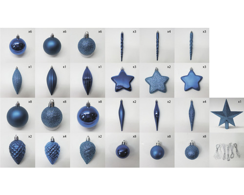 Diverse globuri albastre de Crăciun și vârfuri de brad