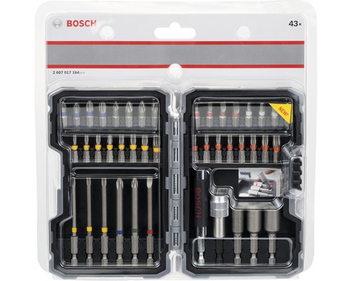 Logo Bosch. Set de 43 de biți de șurubelniță cu diverși biți și suporturi într-o cutie transparentă din plastic.