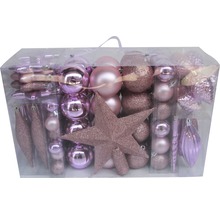 Asortiment de globuri de Crăciun în diferite forme și finisaje într-un ambalaj transparent