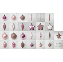 Diverse globuri de Crăciun roz și decorațiuni pentru pomul de Crăciun în formă de stele, picături și conuri de brad