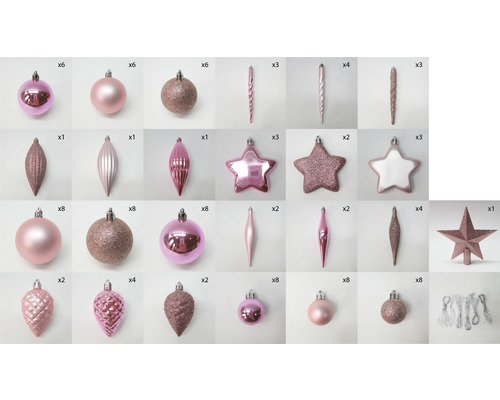 Diverse globuri de Crăciun roz și decorațiuni pentru pomul de Crăciun în formă de stele, picături și conuri de brad