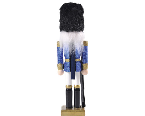 Vedere din spate a unui spărgător de nuci albastru-auriu cu pălărie și pușcă neagră