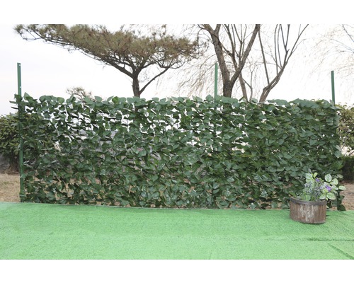 Protecție vizuală aspect iederă 1x3m Gard de confidențialitate cu frunze artificiale și plantă într-un vas de lemn pe un gazon
