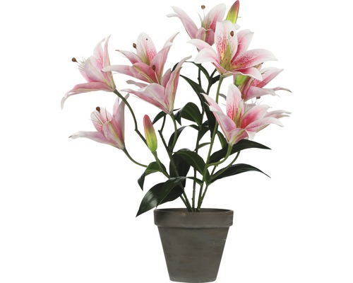 Plantă artificială - Crin Tiger, Ø 13,5 cm, H 47 cm, roz, ghiveci gri