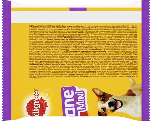 Ambalaj gustare pentru câini cu recomandări de hrănire și ingrediente