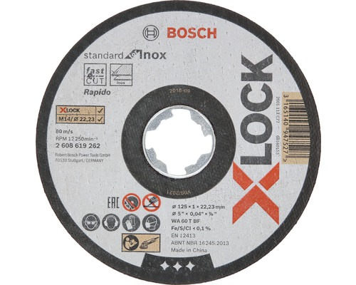 Disc debitare inox Bosch Zubehör Ø125x1x22,23 mm, pentru mandrină X-LOCK System Disc de tăiere Bosch cu prindere X-Lock pentru oțel inoxidabil, diametru 125 milimetri