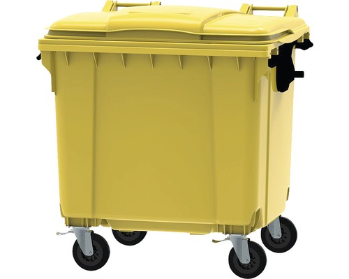 Container galben de gunoi cu roți și capac