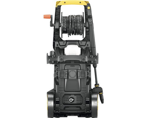 Vedere din spate a unui curățător cu presiune cu tambur pentru furtun și roți