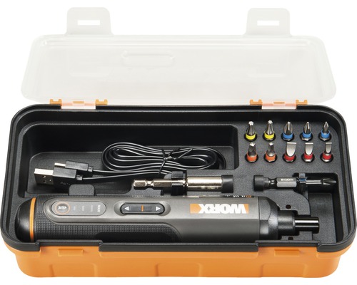 Set șurubelniță cu acumulator în cutie de scule cu încărcător și biți