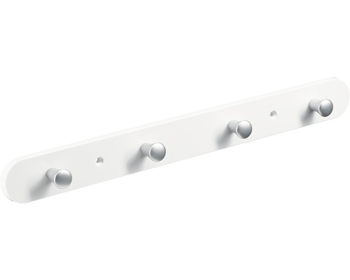 Cuier de perete cu 4 cârlige Hettich Colours & Kids 380x40x30 mm, plastic alb Bară de haine cu patru cârlige pentru montare pe perete