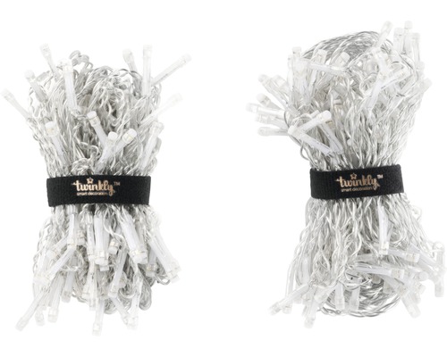 Două lanțuri luminoase cu LED cu logo-ul Twinkly pe o bandă.