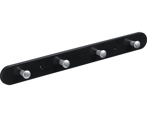 Cuier de perete cu 4 cârlige Hettich Colours & Kids 380x40x30 mm, plastic negru Suport de haine cu patru cârlige pentru montare pe perete