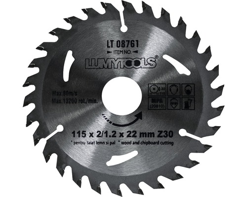 Disc debitare lemn & PAL Lumy Tools Ø115x2/1,2x22 mm, 30 dinți-0
