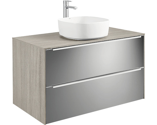 Mobilier de lavabo cu două sertare, lavoar așezat și baterie