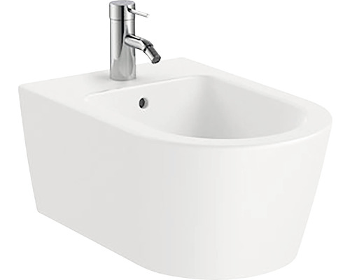 Bideu suspendat alb cu robinet cromat.