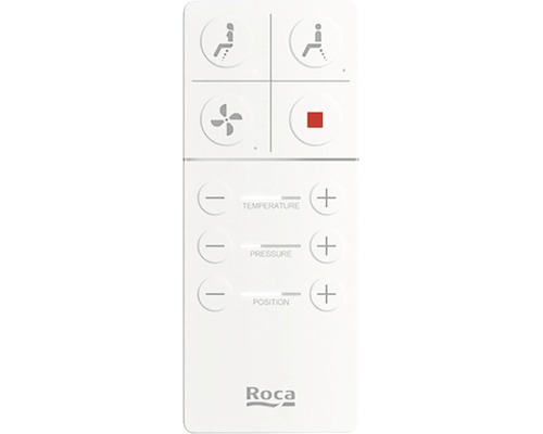 Telecomandă pentru WC-uri cu duș cu diverse funcții și logo-ul Roca