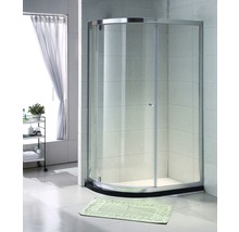 Cabină de duș pe colț cu panouri din sticlă transparentă și cadru argintiu în baie