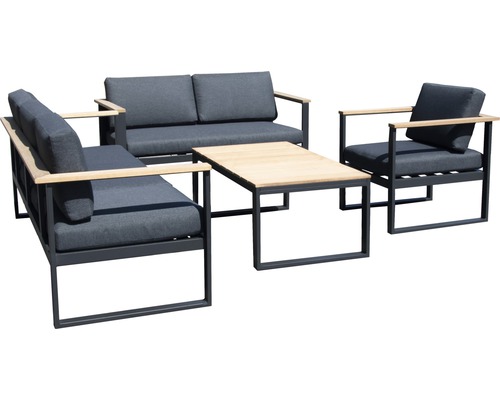 Set mobilier gradină aluminiu-lemn, 1 masă, 1 fotoliu, 2 canapele, antracit