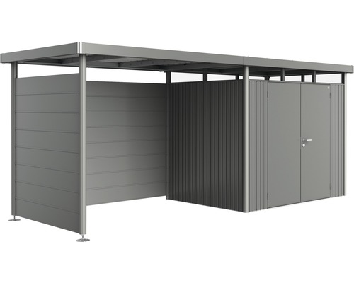 Adăpost gri pentru unelte cu acoperiș și panouri laterale pentru grădină