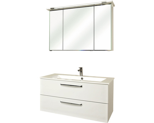 Set mobilier baie pelipal Kumba 107, incl. bază lavoar, lavoar, dulap cu oglindă și iluminare LED, alb lucios