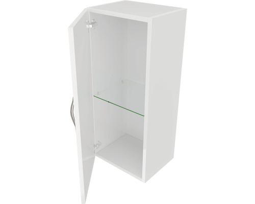 Dulap suspendat alb cu ușă deschisă și raft de sticlă