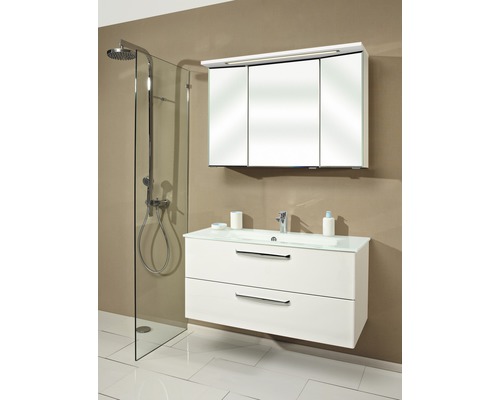 Set mobilier baie pelipal Kumba 107, incl. bază lavoar, lavoar sticlă, dulap cu oglindă 3D și iluminare LED, alb lucios