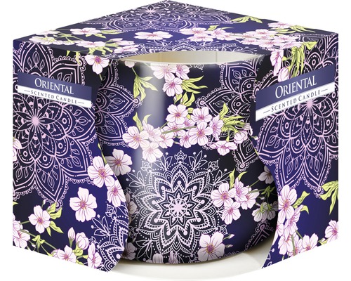 Lumânare parfumată LCA în pahar imprimat Oriental SN71S 47 durata de ardere 20 h Lumânare parfumată orientală cu model floral în ambalaj