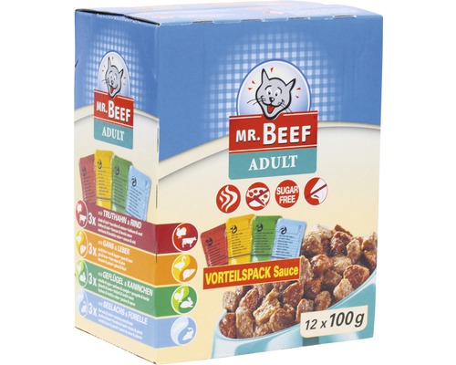 Hrană umedă pentru pisici MR. BEEF Adult cu pasăre și iepure/curcan și vită/gâscă și ficat/somon și păstrăv în sos 12x100 g