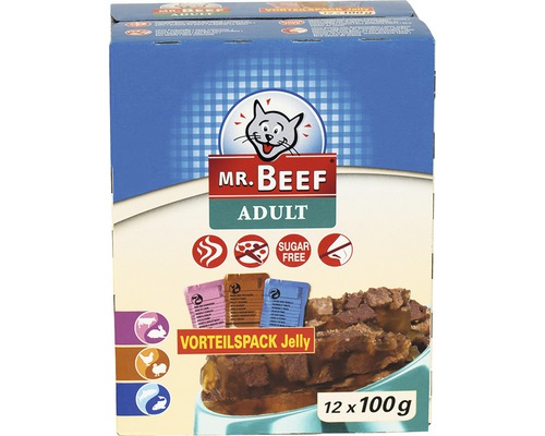 Hrană umedă pentru pisici MR. BEEF Adult cu vită și iepure/pui și curcan/somon și păstrăv în aspic 12x100 g