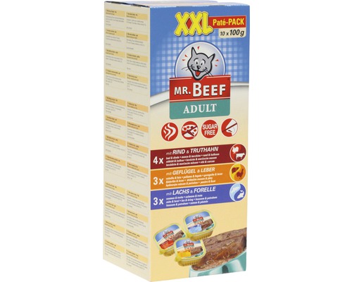 Hrană umedă pentru pisici MR. BEEF Adult pate cu curcan și vita/pasăre și ficat/somon și păstrăv 10x100 g