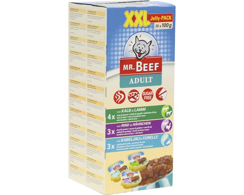 Hrană umedă pentru pisici MR. BEEF Adult vițel și miel/vită și pui/cod și păstrăv în aspic 10x100 g