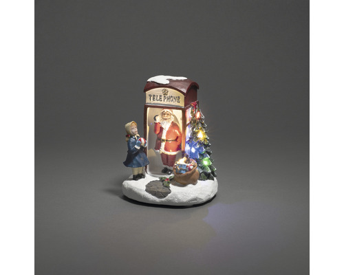 Scenă Crăciun 'Cabină telefonică' cu LED H 20 cm Scenă decorativă de Crăciun cu cabină telefonică, Moș Crăciun și figurină de fată