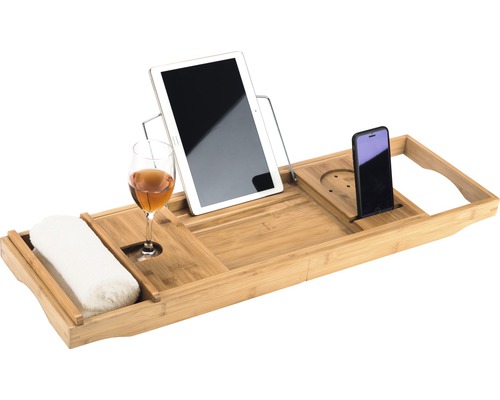 Raft de baie din bambus cu tabletă, smartphone, prosop și pahar de vin