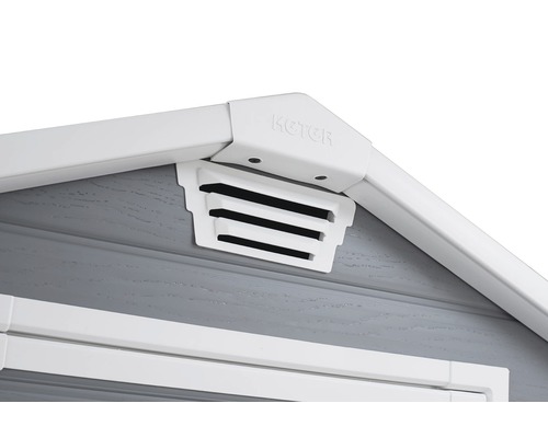 Imagine detaliată a unei căsuțe de grădină cu grilă de ventilație și logo Keter.